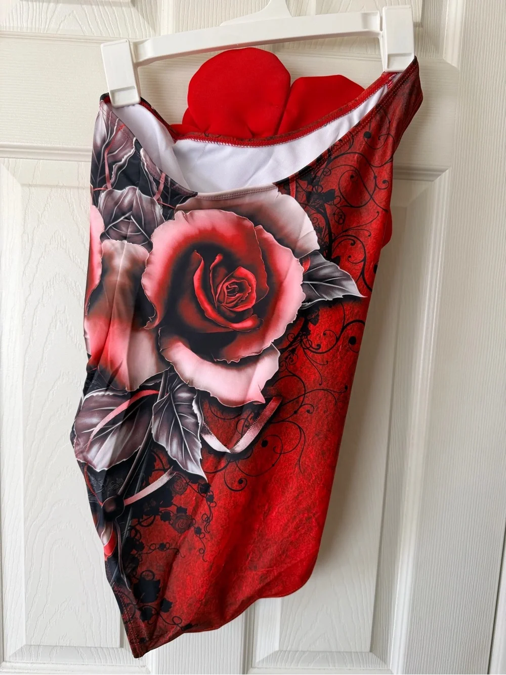 Red Floral One-Piece Swimsuit w/3D Flower Accent & Sarong
